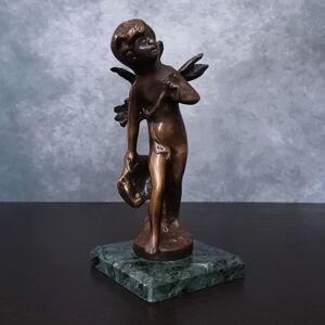 Vintage Bronze Green Marble Cupid Sculpture Cherub Statue